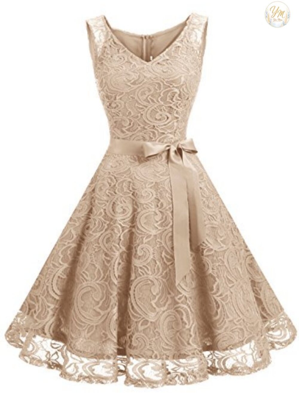 Floral Lace V-Neck Short Sleeveless A-Line Cocktail Party Dress